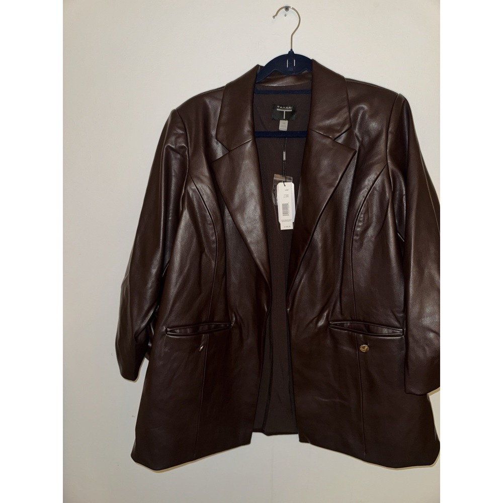 T-Tahari Vegan Leather Ruched Sleeve Blazer Size 14 - Picture 8 of 15